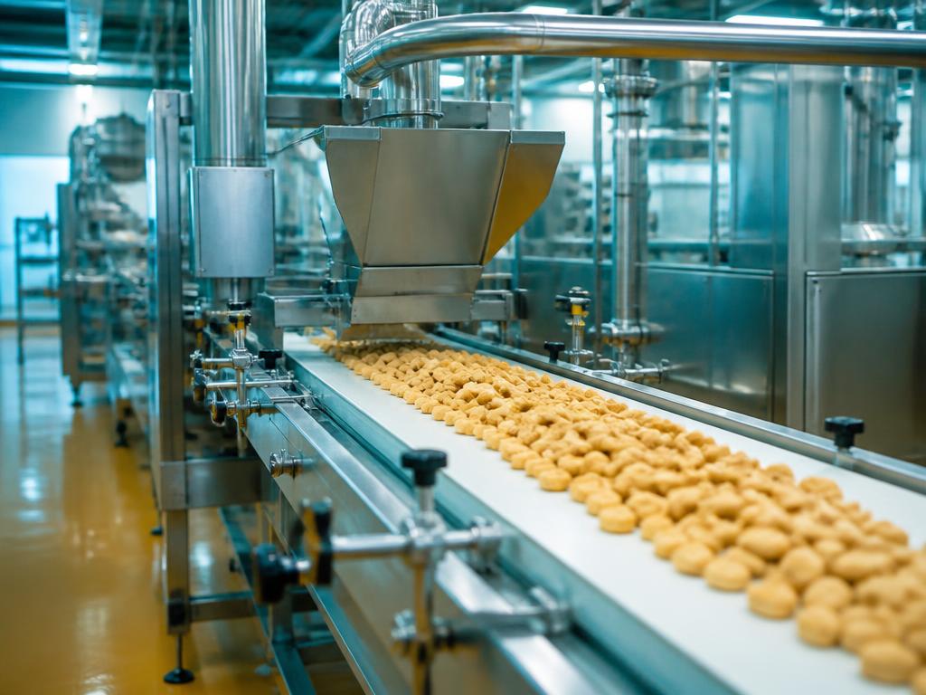 Hygienic food production line with stainless-steel equipment and a conveyor