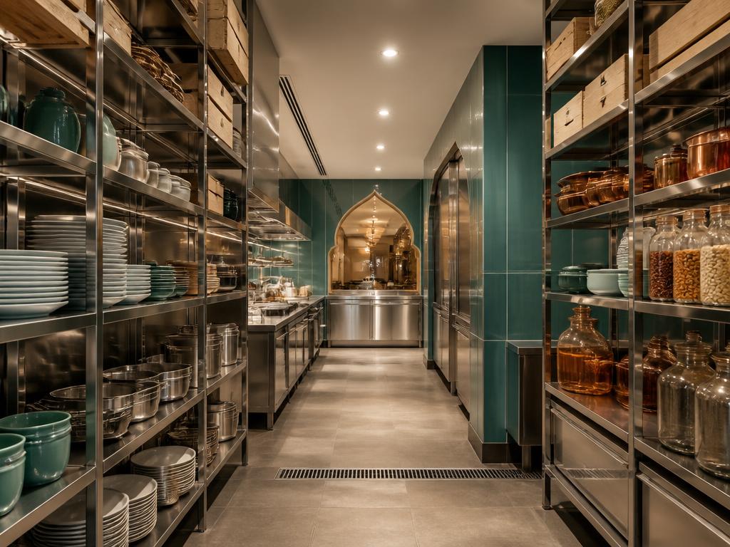Stainless-steel hotel back-of-house kitchen and dry store with tiled teal walls