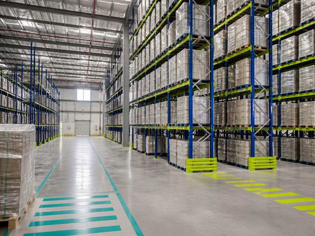 High-bay warehouse aisle with racking, wrapped pallets and marked floor lanes